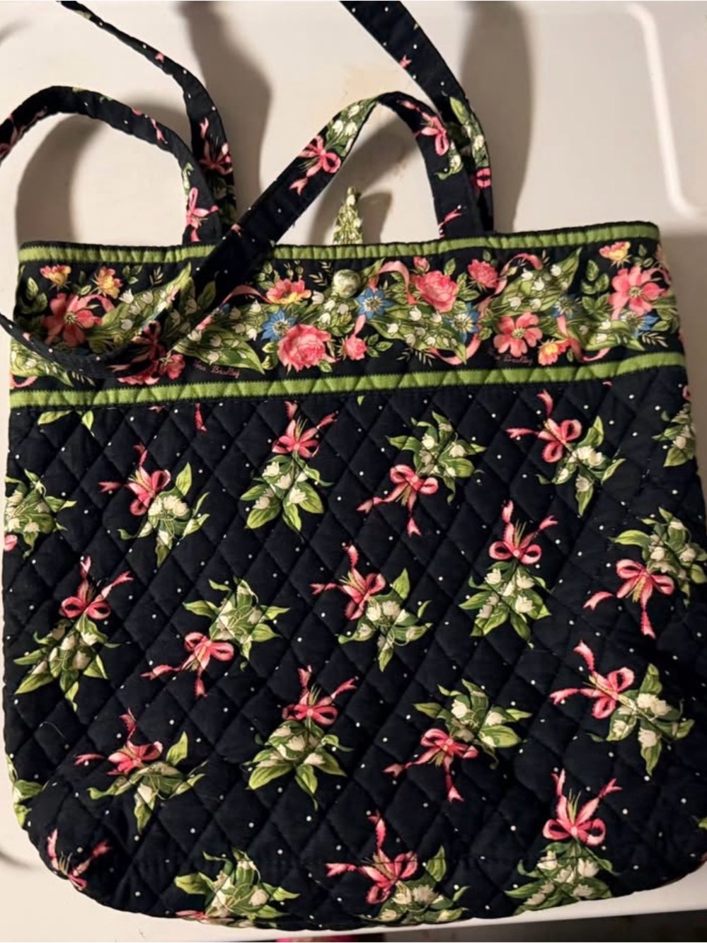 Vera Bradley Black Quilted Tote with Pink Floral Bows